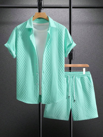 Herren Set 3D Waffelstruktur Hemd Shorts Sportlich