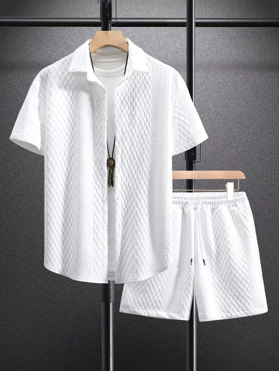 Herren Set 3D Waffelstruktur Hemd Shorts Sportlich