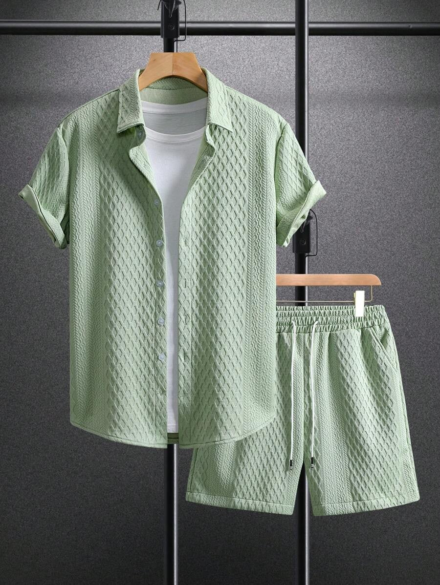 Herren Set 3D Waffelstruktur Hemd Shorts Sportlich
