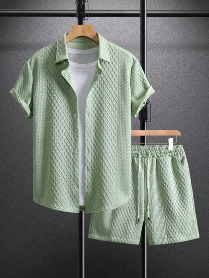 Herren Set 3D Waffelstruktur Hemd Shorts Sportlich