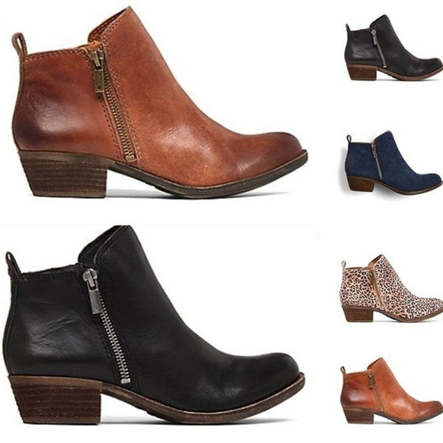 Damen Stiefeletten Leder Blockabsatz Flach
