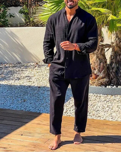 Herren Leinenanzug Set: Hemd mit Stehkragen & Hose Leicht Sommerlich