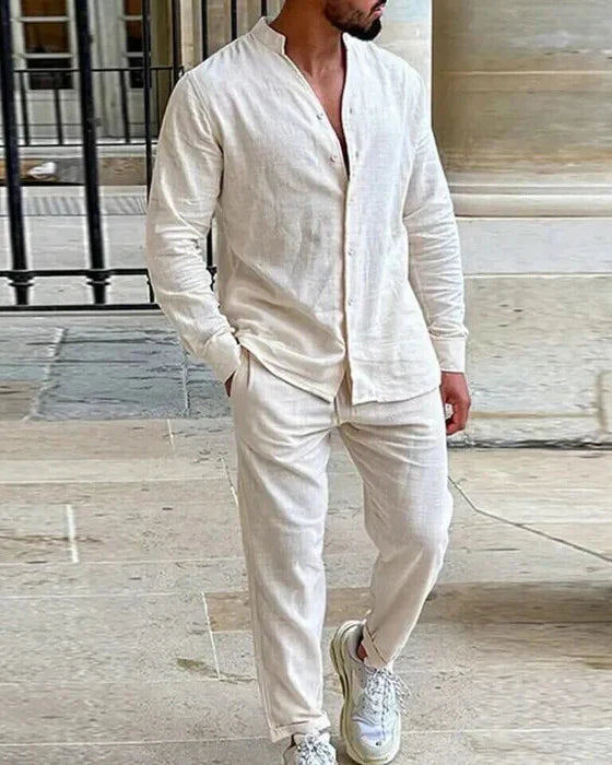 Herren Leinenanzug Set: Hemd mit Stehkragen & Hose Leicht Sommerlich - BerlinGlamour