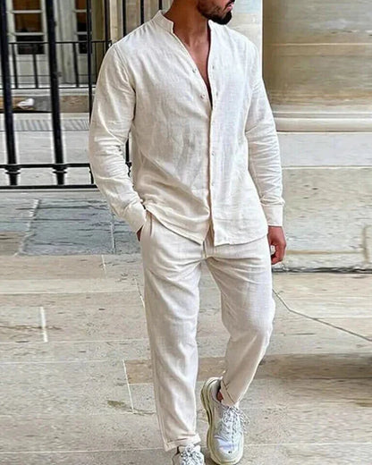 Herren Leinenanzug Set: Hemd mit Stehkragen & Hose Leicht Sommerlich - BerlinGlamour