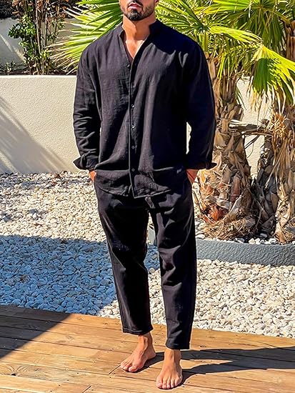 Herren Leinenanzug Set: Hemd mit Stehkragen & Hose Leicht Sommerlich