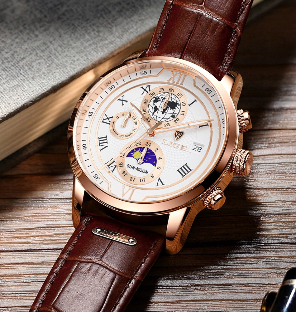 Leder Herrenuhr Chronograph Automatik Edelstahl