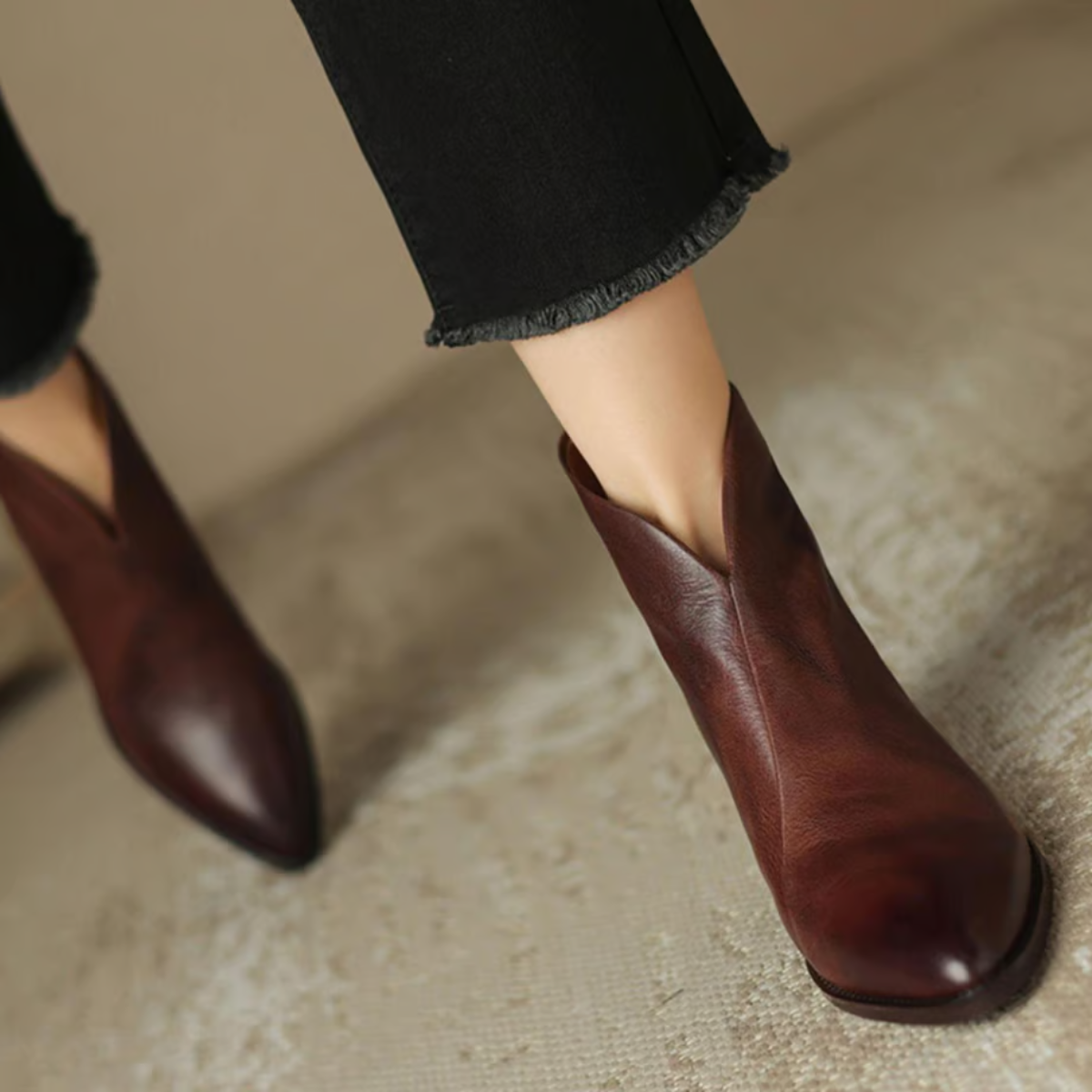 Damen Stiefelette Leder Elegant Blockabsatz Schuhe