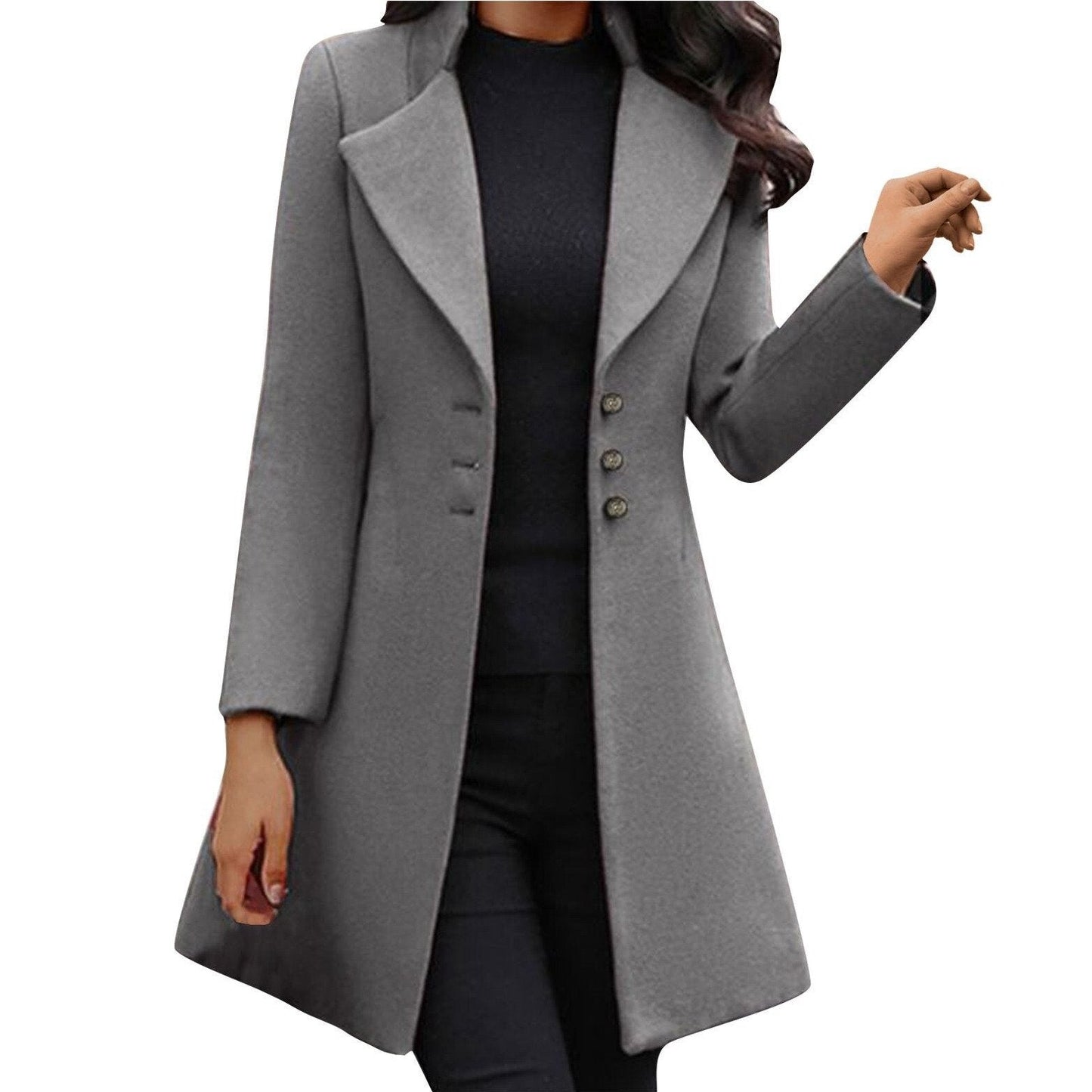 Damen Mantel Knöpfe Lange Modern Schwarz