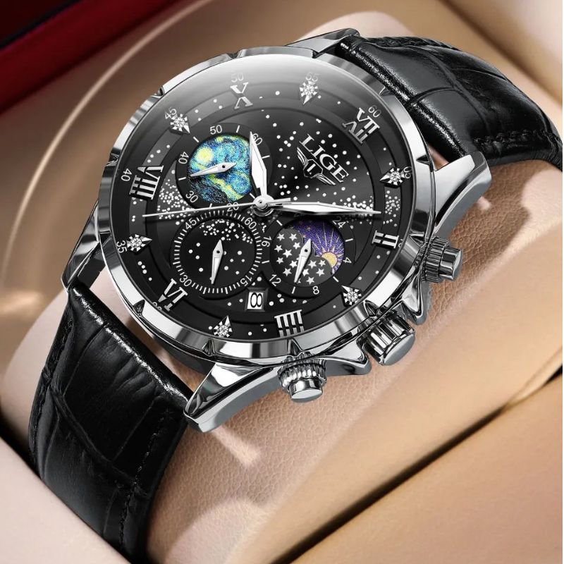 Herren Armbanduhr Mondphasen Edelstahl Elegant