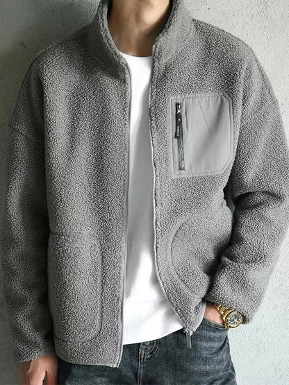Fleecejacke – Warme Teddy-Fleecejacke mit Reißverschluss und Taschen für Männer-Grau-S-Chaps Herrenmode