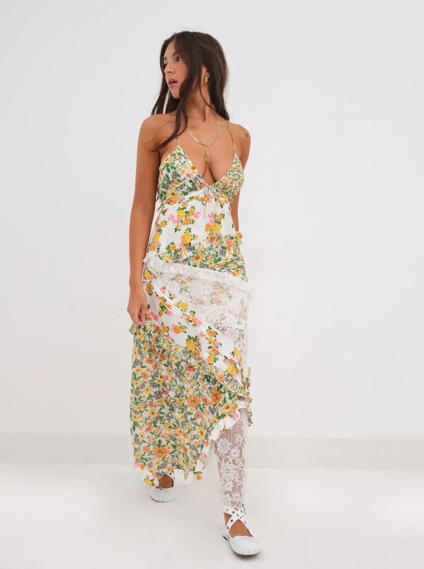 Sommer Maxikleid Damen Spitze Spitzenkleid Blumig