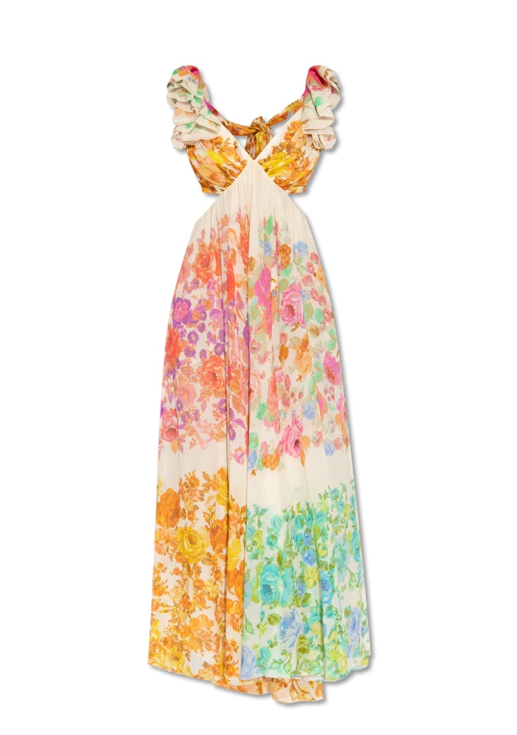 Langes Blumenkleid Damen V-Ausschnitt Rüschen Träger