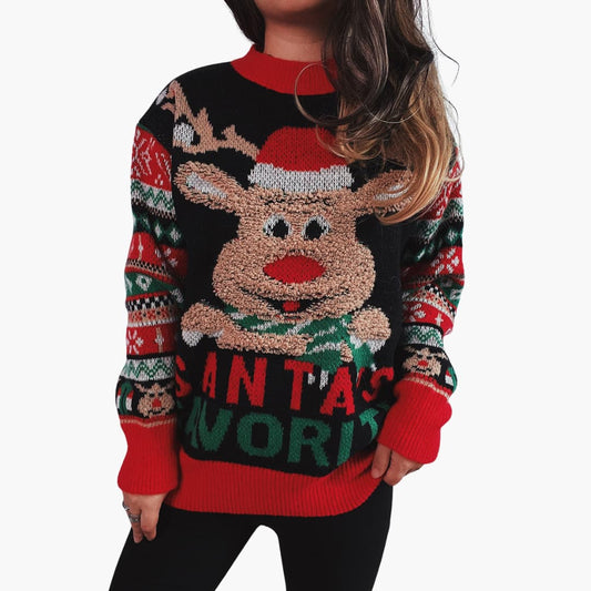 Frauen Weihnachts Pullover mit Rentier und Santa’s Lieblings 0
