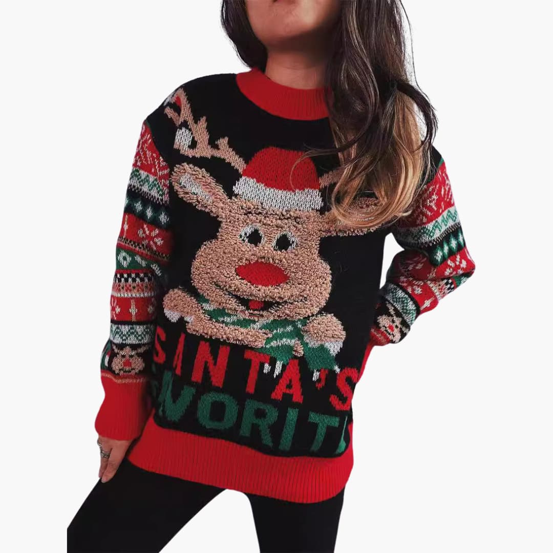Frauen Weihnachts Pullover mit Rentier und Santa’s Lieblings 1