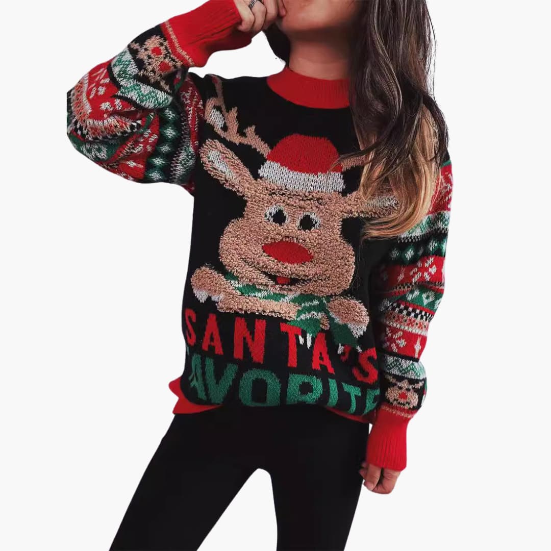 Frauen Weihnachts Pullover mit Rentier und Santa’s Lieblings 2