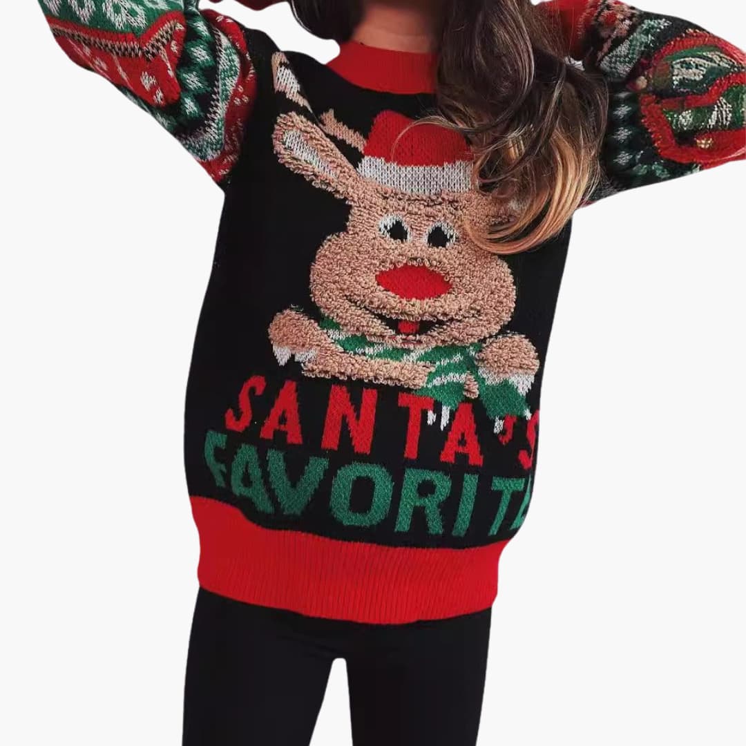Frauen Weihnachts Pullover mit Rentier und Santa’s Lieblings 4