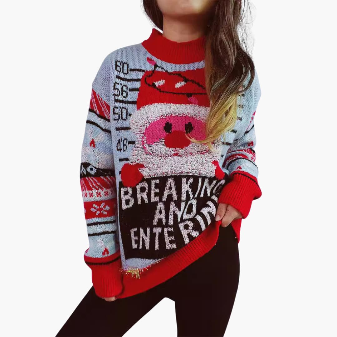 Frauen Weihnachtspullover mit Santa-Motiv und fetten Buchstaben 0