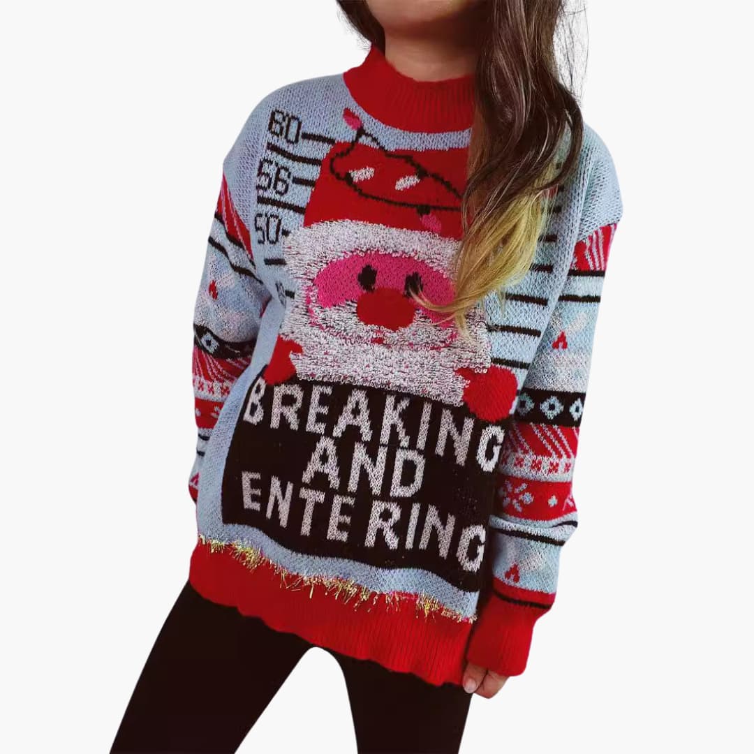 Frauen Weihnachtspullover mit Santa-Motiv und fetten Buchstaben 1
