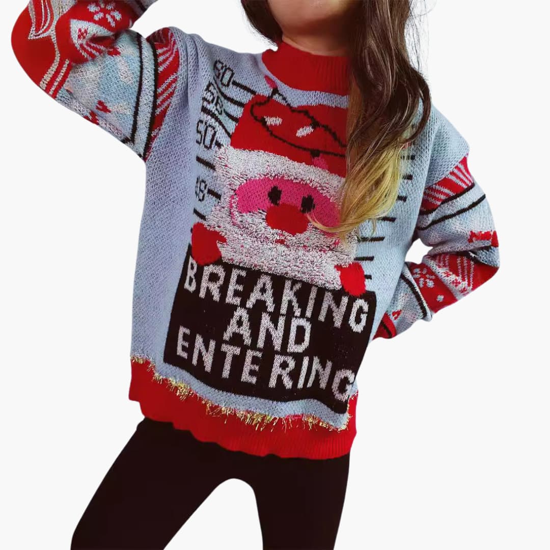 Frauen Weihnachtspullover mit Santa-Motiv und fetten Buchstaben 2