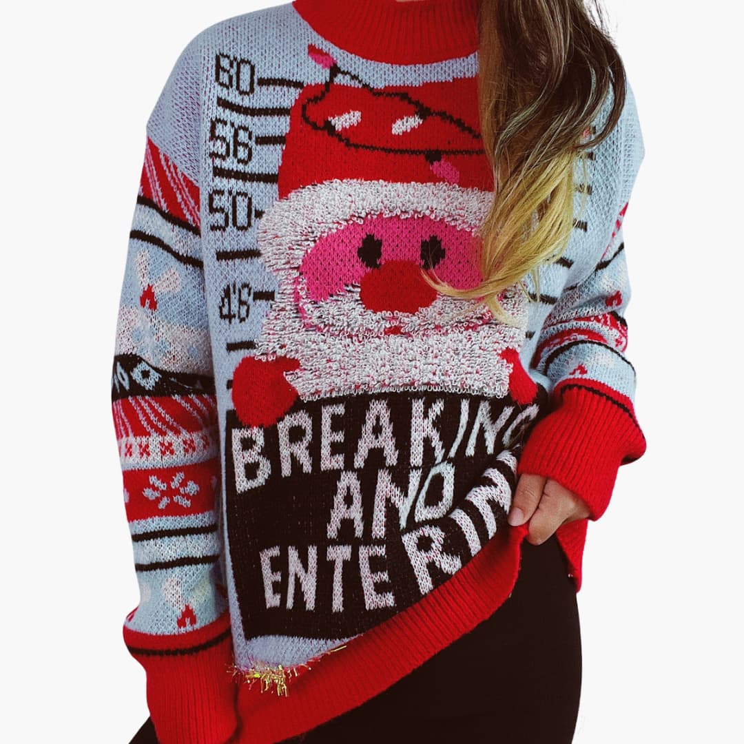 Frauen Weihnachtspullover mit Santa-Motiv und fetten Buchstaben 4