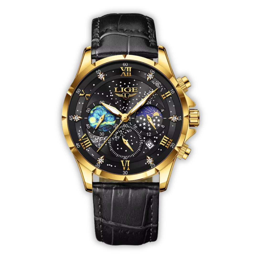 Herren Armbanduhr Mondphase Edelstahl Schwarz