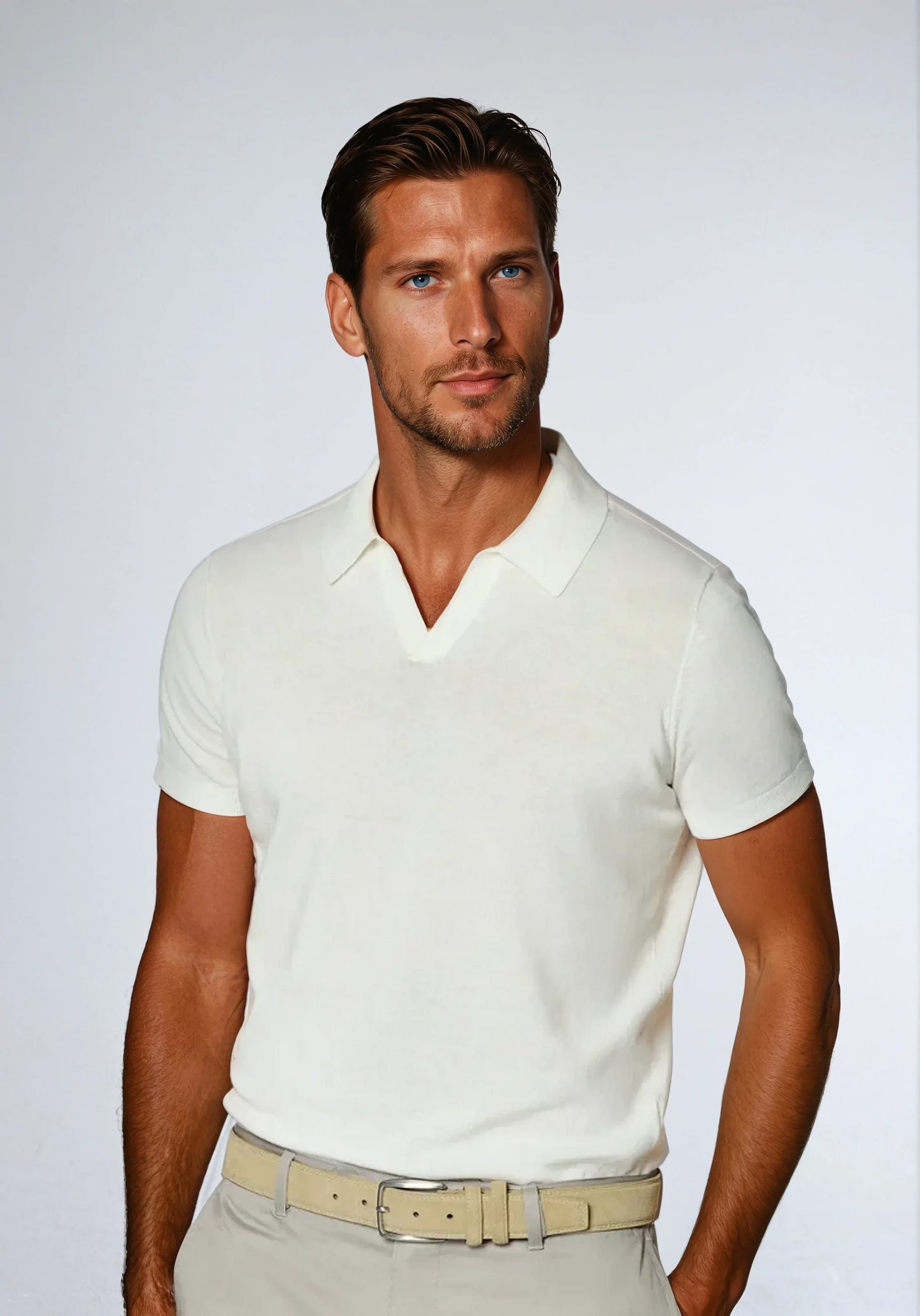 Herren Poloshirt Offener V-Ausschnitt Elegant Slim Fit - BerlinGlamour