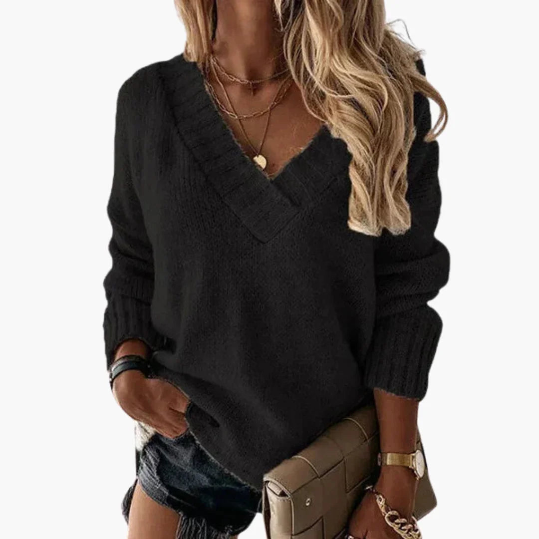 Gerippter V-Ausschnitt Pullover für Damen 0
