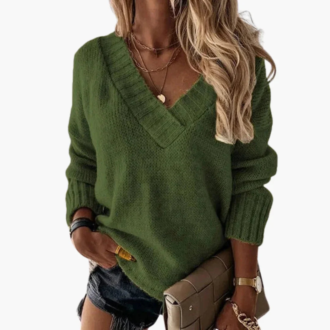 Gerippter V-Ausschnitt Pullover für Damen 1