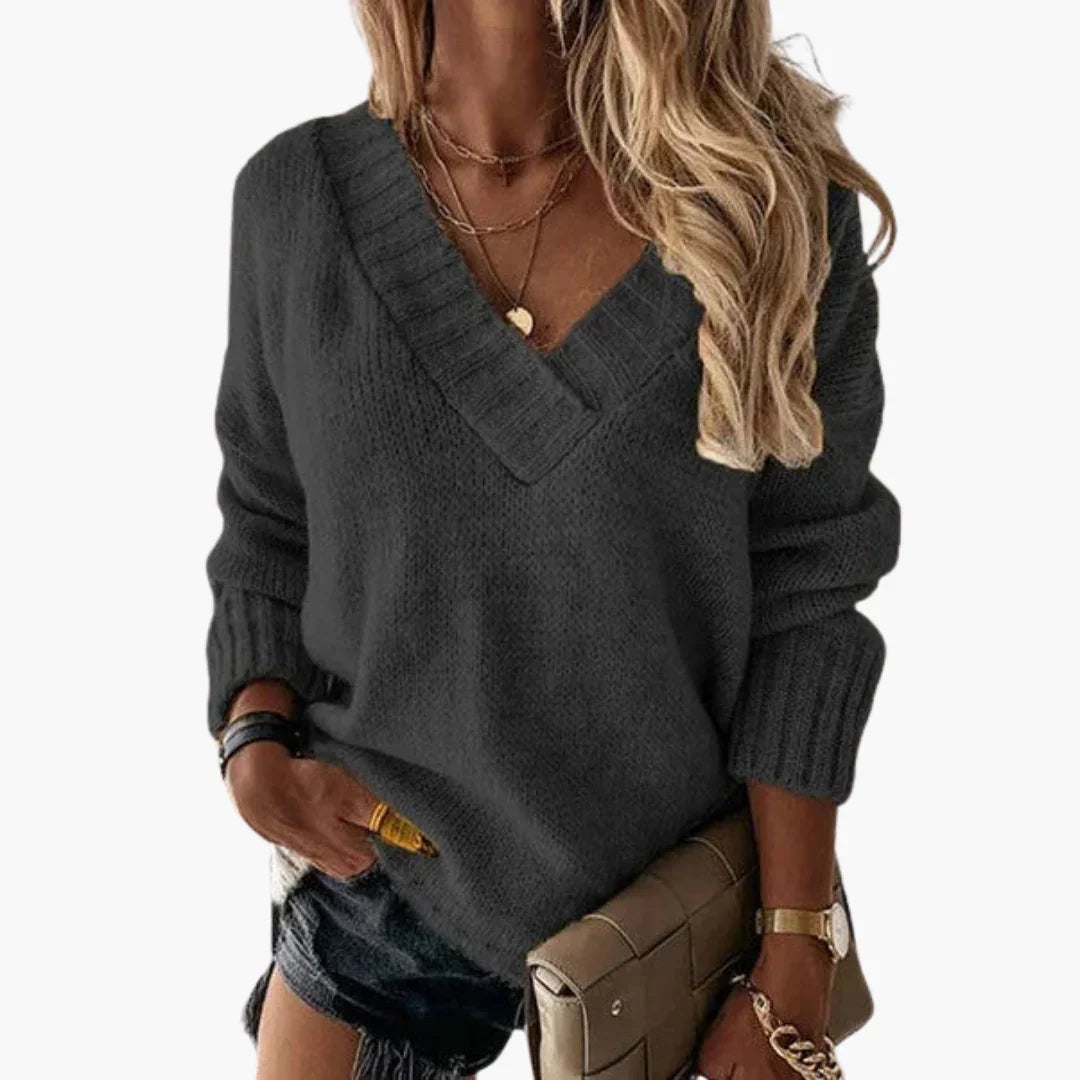 Gerippter V-Ausschnitt Pullover für Damen 2