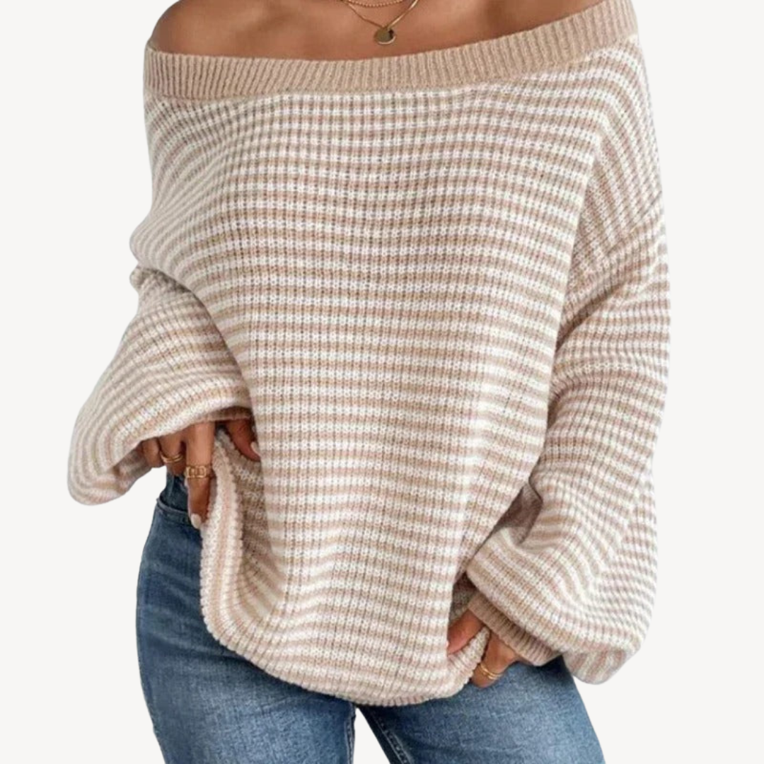 Gestreifter schulterfreier Strickpullover für Damen | Loravelle 0