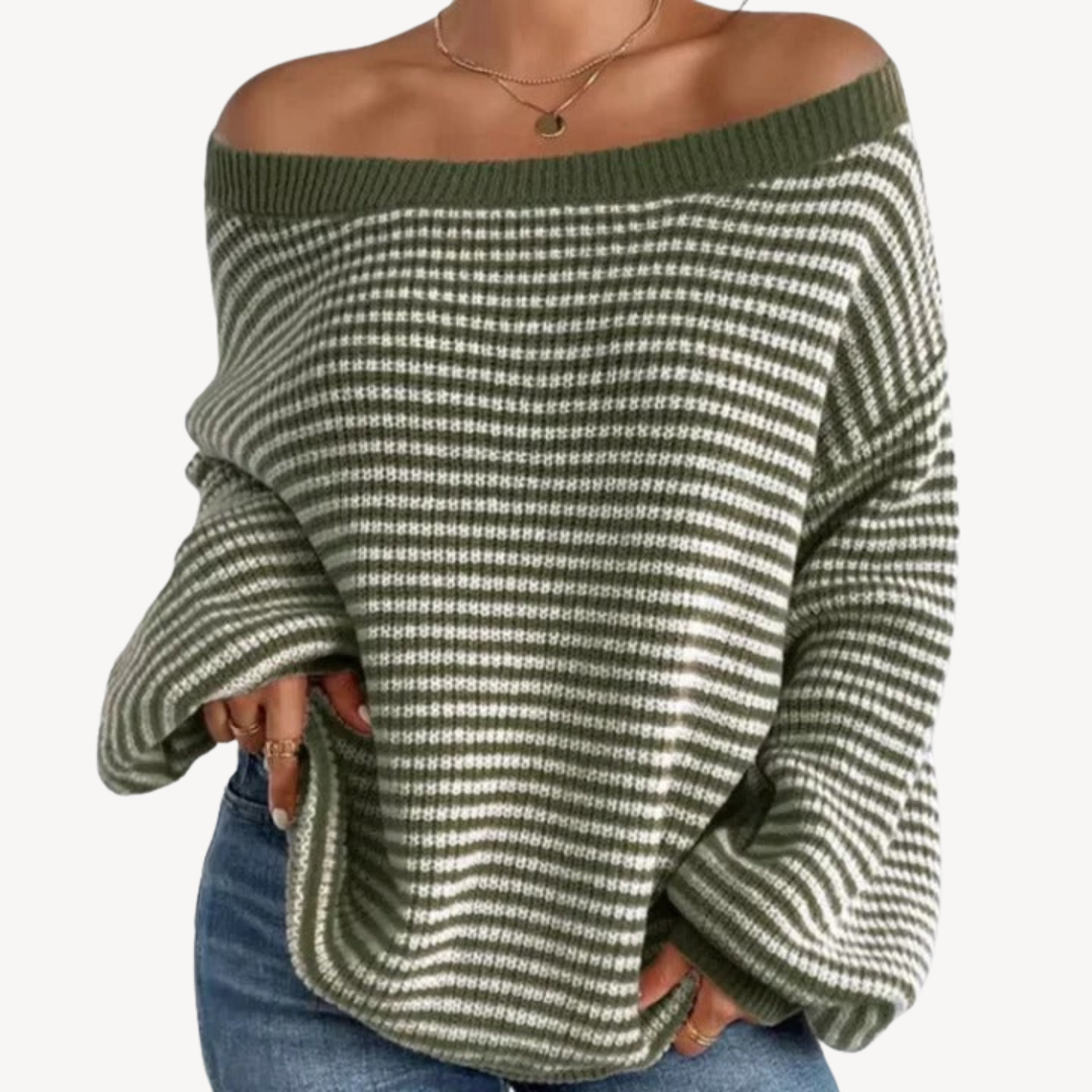 Gestreifter schulterfreier Strickpullover für Damen | Loravelle 2