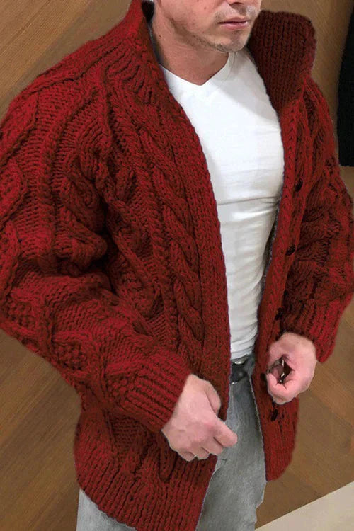 Gestrickte Strickjacke | Stehkragen | Button-Up | Grobstrickjacke | Herrenstrickwaren-Rot-M-Chaps Herrenmode