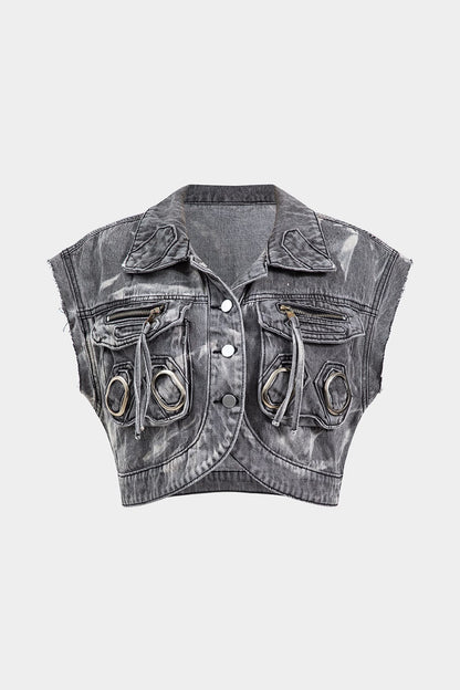 Graue Denimweste Mit Metallbesatz Edgy Damen - BerlinGlamour