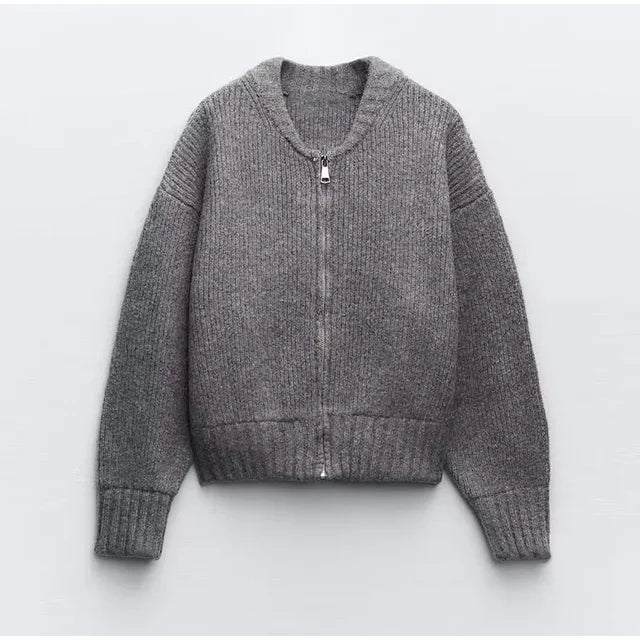 Helene:  Grauer Rundhals-Strickpullover, Damenjacke, modisch