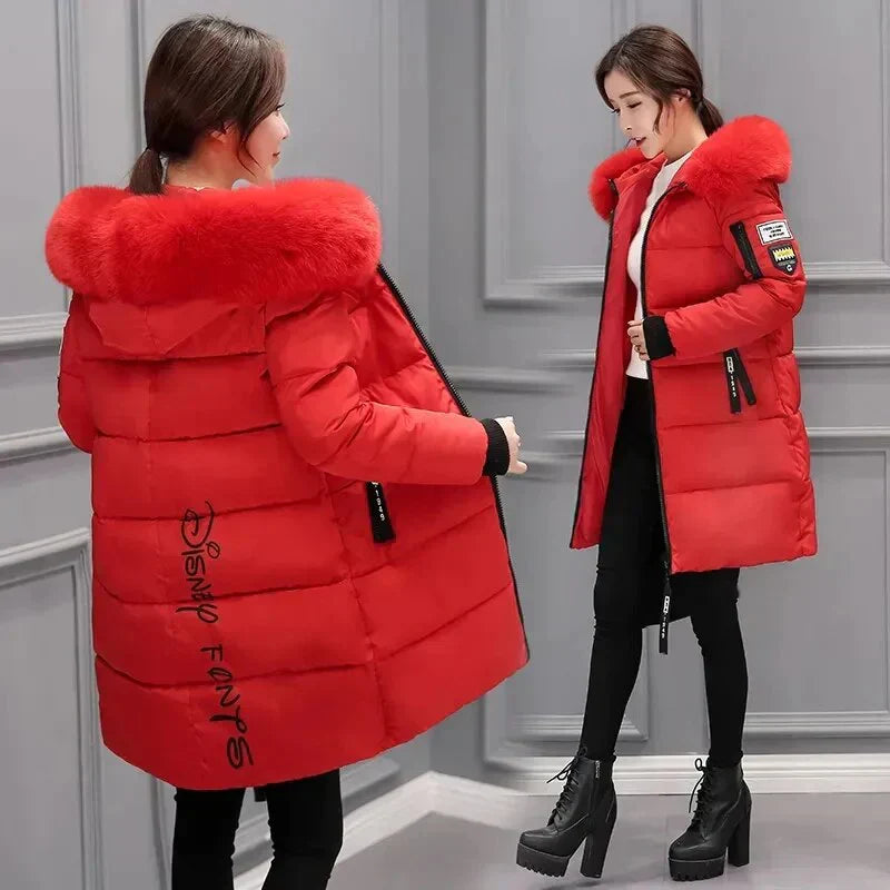 Damen Steppjacke Pelzkragen Warm mit Kapuze