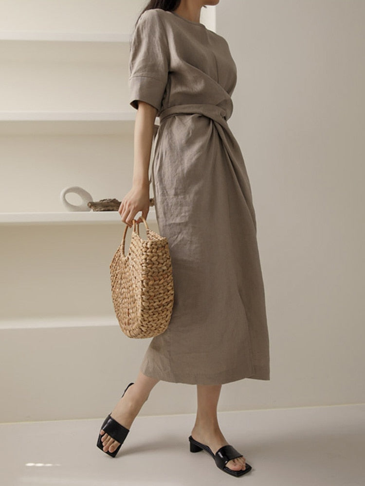 Khaki Leinenkleid Unregelmäßig Elegant Damen
