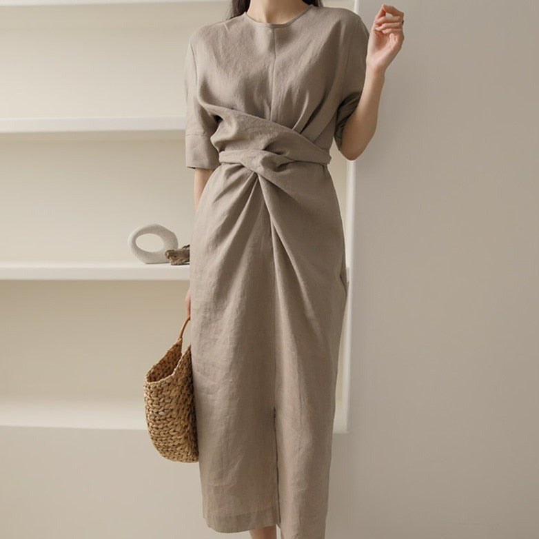Khaki Leinenkleid Unregelmäßig Elegant Damen - BerlinGlamour