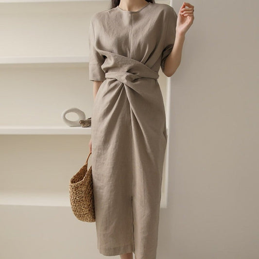 Khaki Leinenkleid Unregelmäßig Elegant Damen - BerlinGlamour