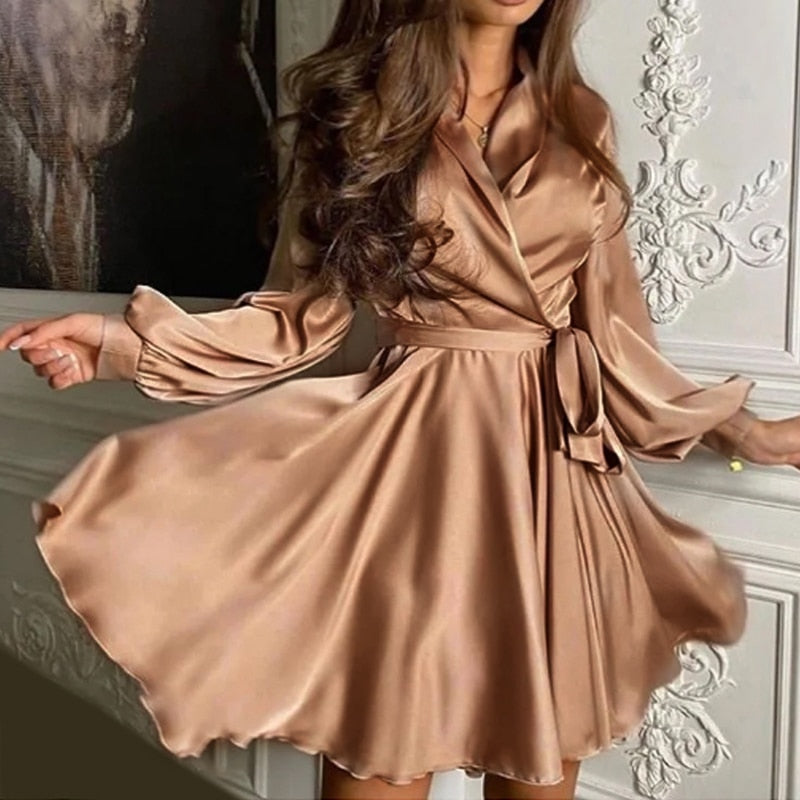 Frauen Satinkleid Langärmelig Rüschen Elegant