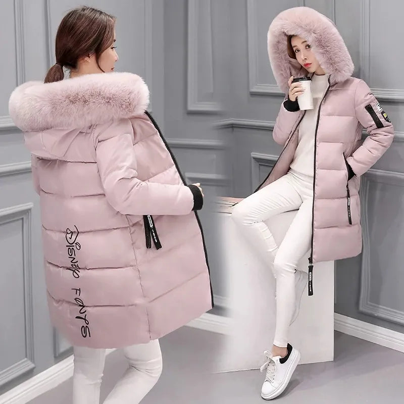 Damen Steppjacke Pelzkragen Warm mit Kapuze