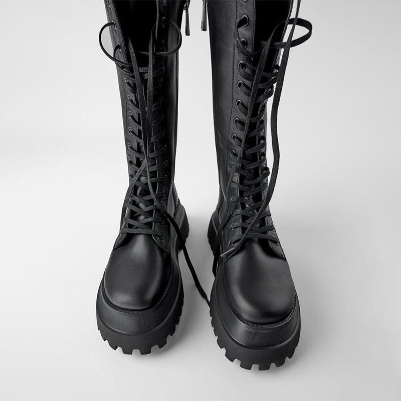 Damen Stiefel Schwarz Schnürung Hochzeitsschuhe