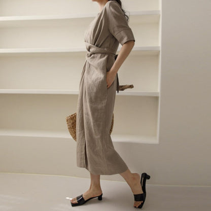 Khaki Leinenkleid Unregelmäßig Elegant Damen