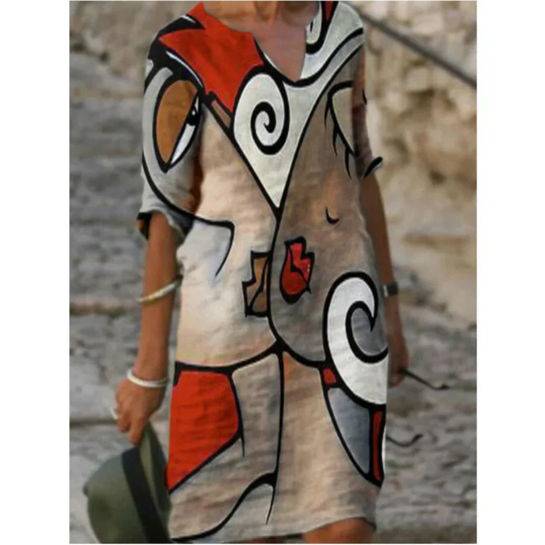 Damen Langarm Shift Kleid Abstrakt Modern