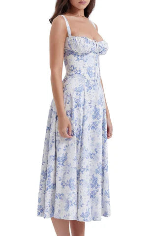 Midikleid mit Blumenmuster und Corsage Top Blau Weiß