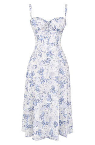 Midikleid mit Blumenmuster und Corsage Top Blau Weiß