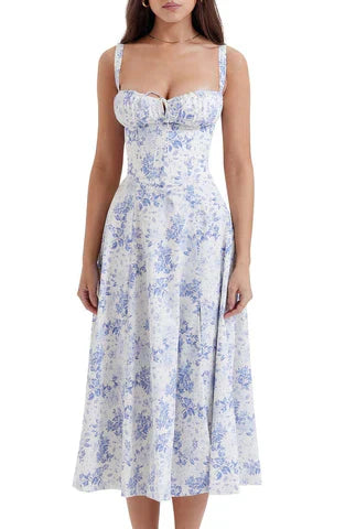 Midikleid mit Blumenmuster und Corsage Top Blau Weiß