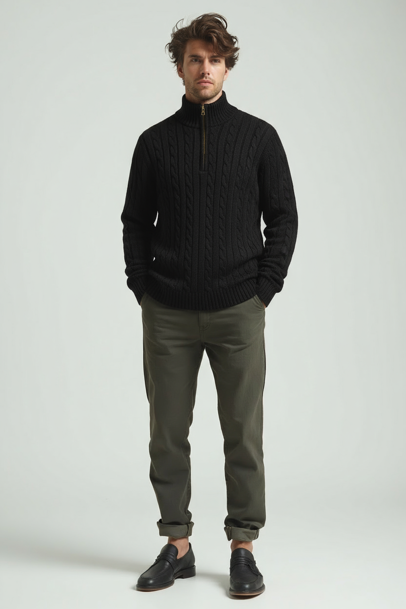 Herren Pullover Zopfmuster Viertelreißverschluss Modern - BerlinGlamour