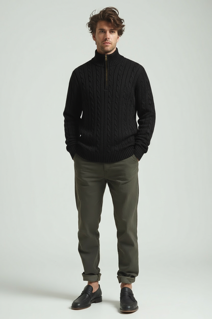 Herren Pullover Zopfmuster Viertelreißverschluss Modern - BerlinGlamour