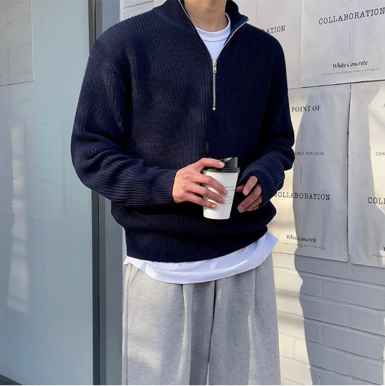 Herren Strickpullover Warm Rippstrick Mit Halb-Reißverschluss - BerlinGlamour