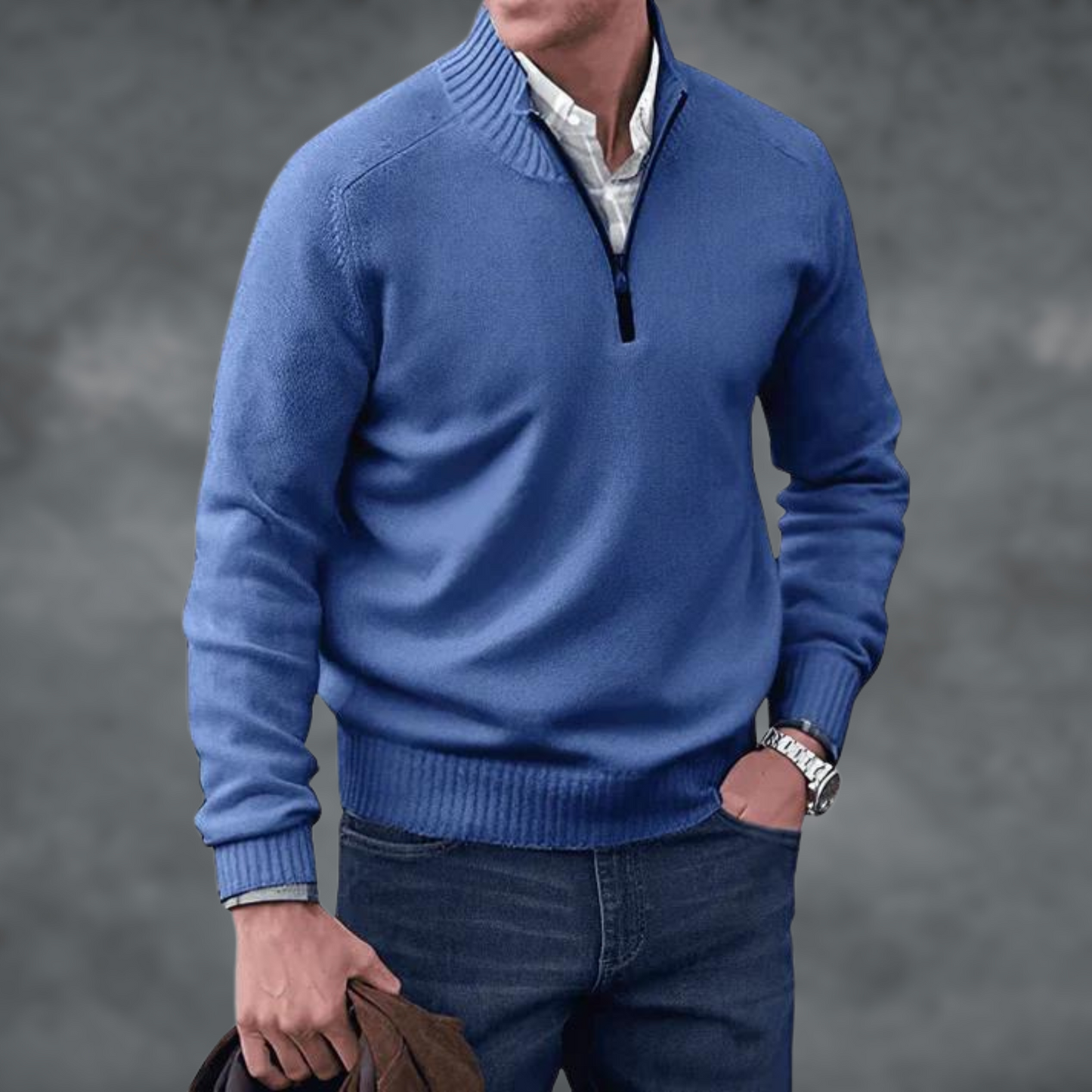 Halber Reißverschluss Pullover - Herren Stehkragen Strickpullover-Blau-S-Chaps Herrenmode